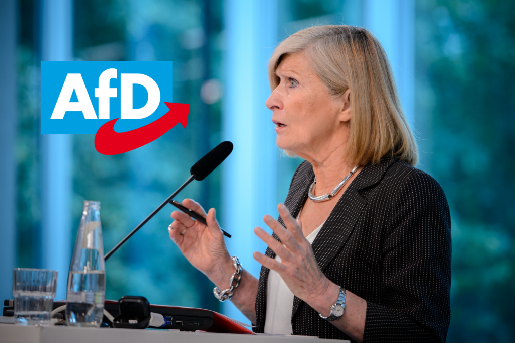 Collage bestehend aus Chantal Mouffe während einer Rede und dem AfD Logo.