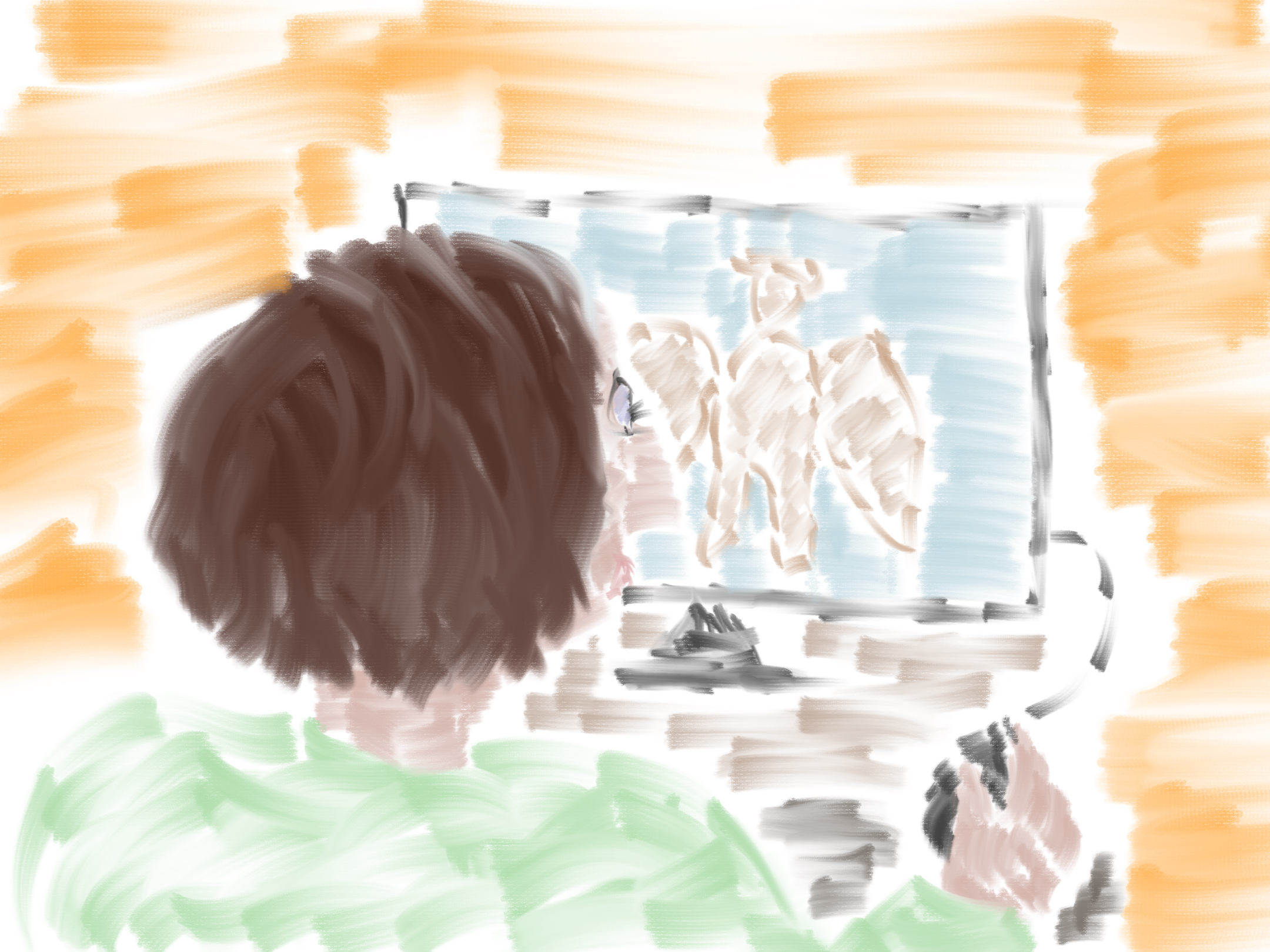 Walter Benjamin sitzt vor einem Computer und betrachtet darauf ein Bild eines Engels.